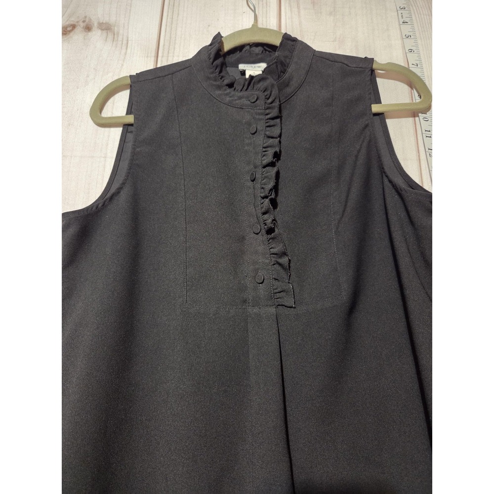 J.Crew Sleeveless Blouse Womens 4 Black Ruffle Trim Mock Neck Button‎ Front - Picture 2 of 6